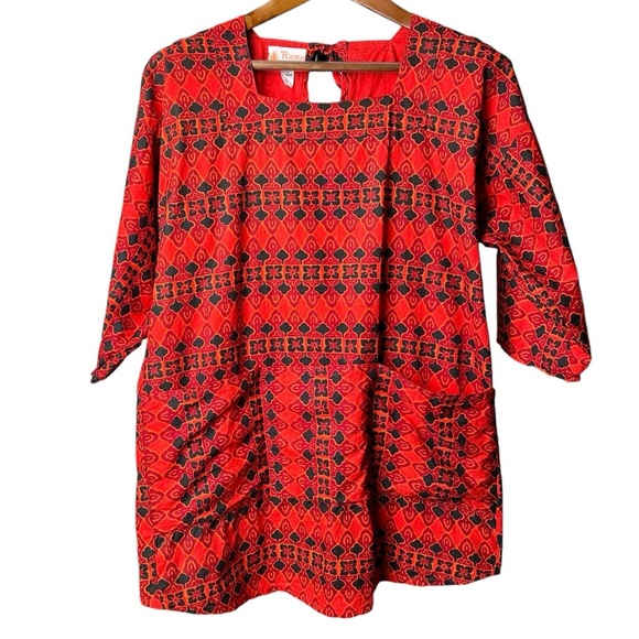 Vintage RAMA Thailand Size Large Thai Cotton Tie Back Half Sleeve Blouse Print - Picture 1 of 16